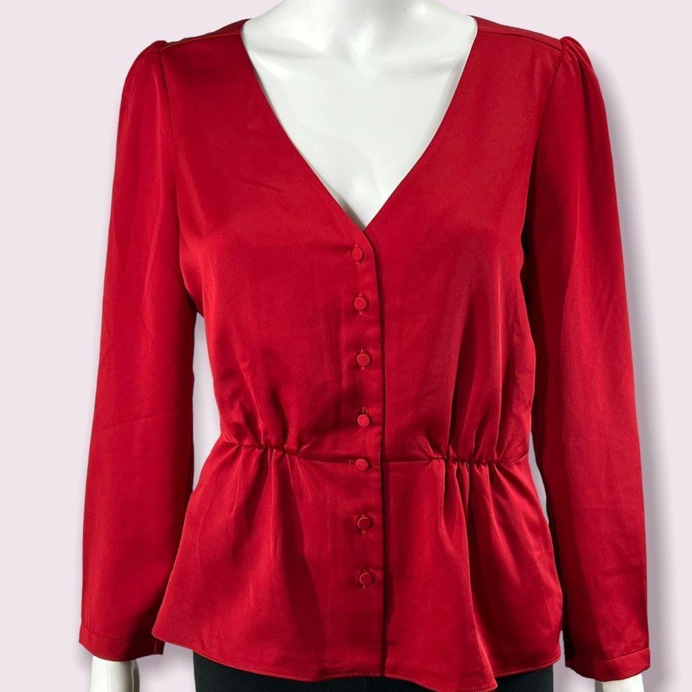 COPY - J.Crew Collection Blouse Womens Size 4 Peplum Button Front Red Satin Cre…